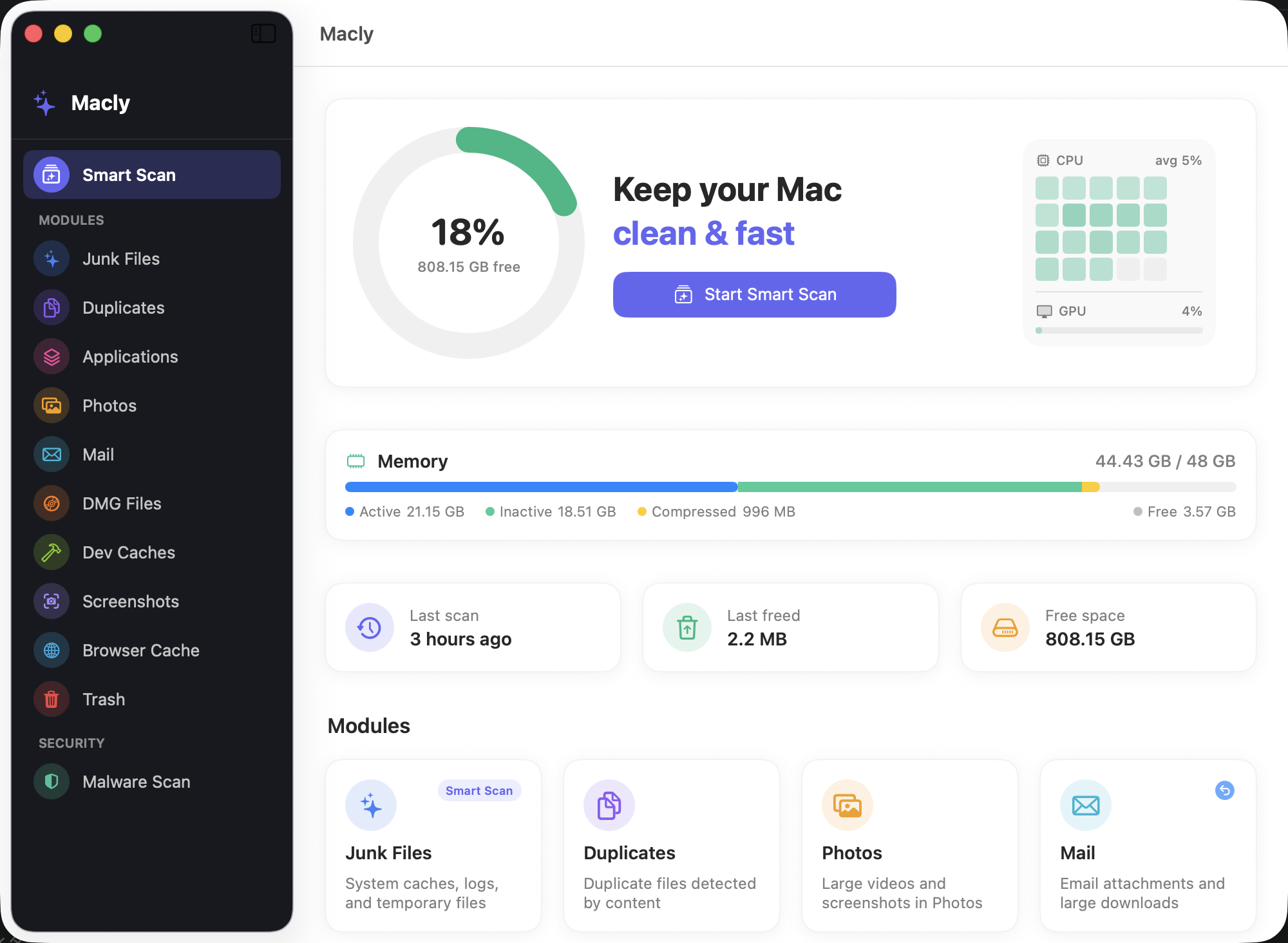 Macly 1.3.0 dashboard — disk ring, memory bar, CPU/GPU grid, and module list